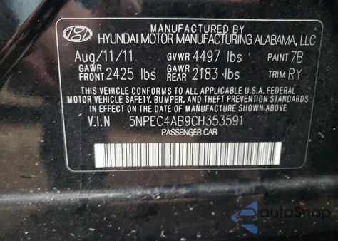 2012 Hyundai Sonata Se z USA, uszkodzony, nr VIN 5NPEC4AB9CH353591